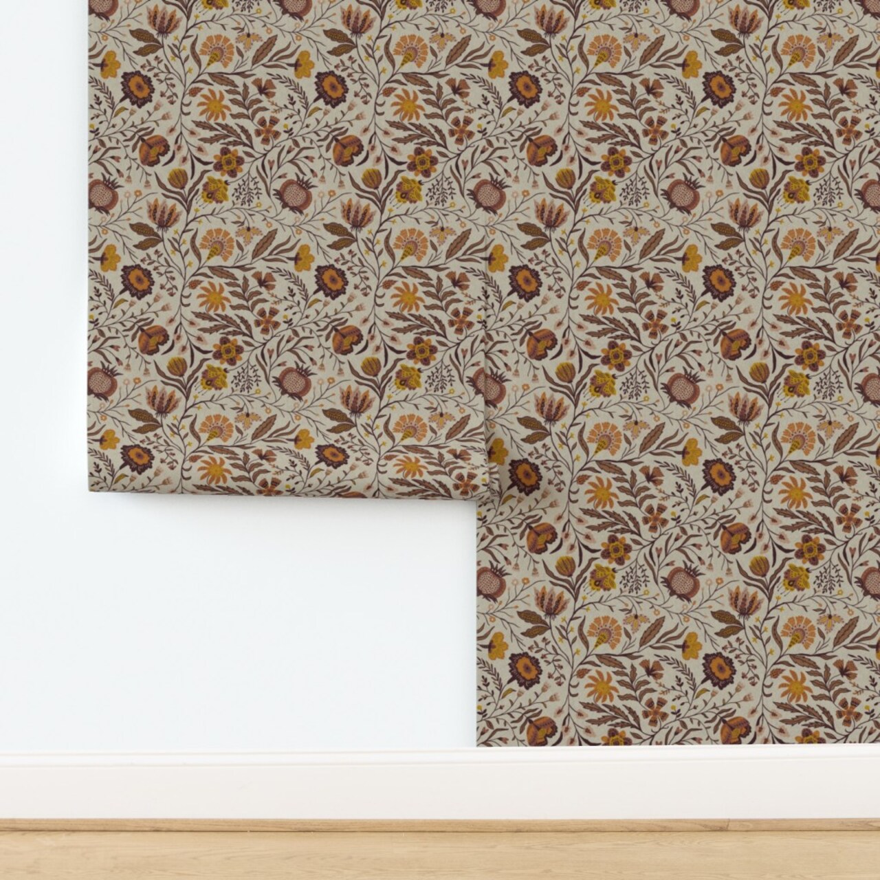 Bohemian Botanical Floral Garden Florals Climbing Vines Boho Leaves Petals Small Scale Hand Drawn Warm Tones Autumn Floral Eclectic Brown Custom Removable Wallpaper by Spoonflower Peel & Stick Wallpaper 2FT Wide